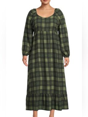 Terra & Sky Olive Green Plaid Ruffle Peasant Maxi Dress Size 2X 20W-22W